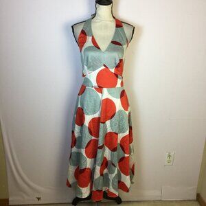 Boden Midi A-line Dress Size 6 Woman Red Gray Dot Print Halter Neck Cotton Retro